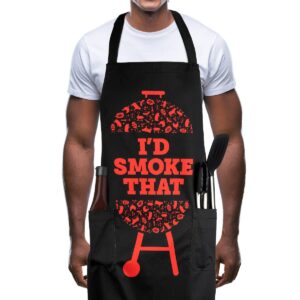 lavley funny cooking aprons grilling gift for men & women with pockets, extra long waist ties & adjustable neck strap (i'd smoke that)