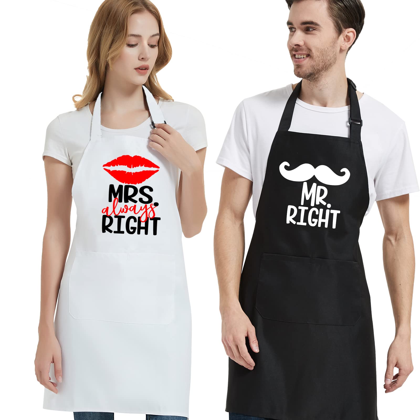 POTALKFREE Cooking Apron for Men Women with Pockets, Mr. Right Mrs. Always Right Aprons Set, Couples Gift for Engagements, Weddings, Anniversaries, Bride, Groom, Husband and Wife