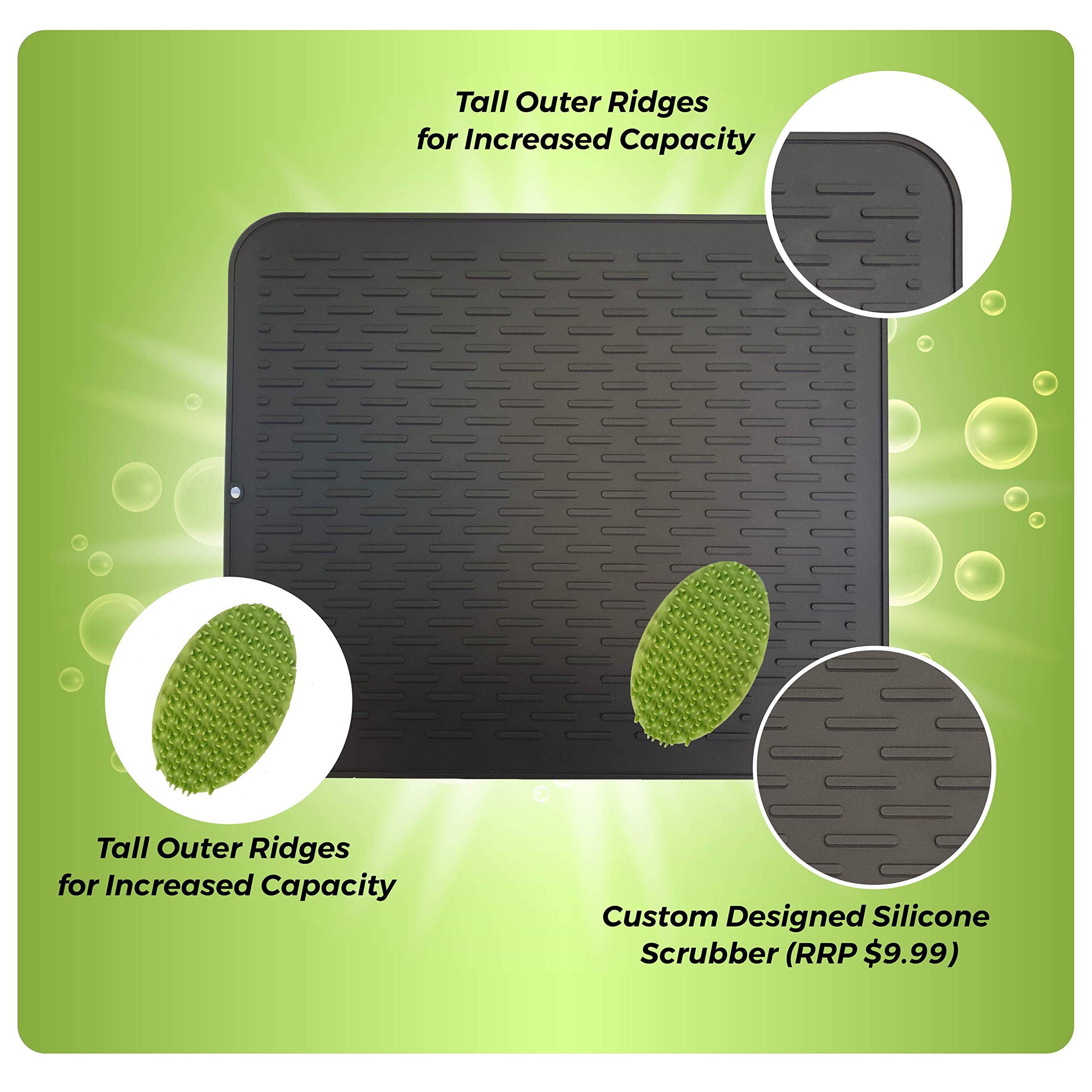 Silicone Dish Drying Mat & Scrubber XXL 21" x 18" | Black Kitchen Dish Drainer Mats & Trivet | Food Safe Fast Draining Pad for Dishes (Black, XXL)