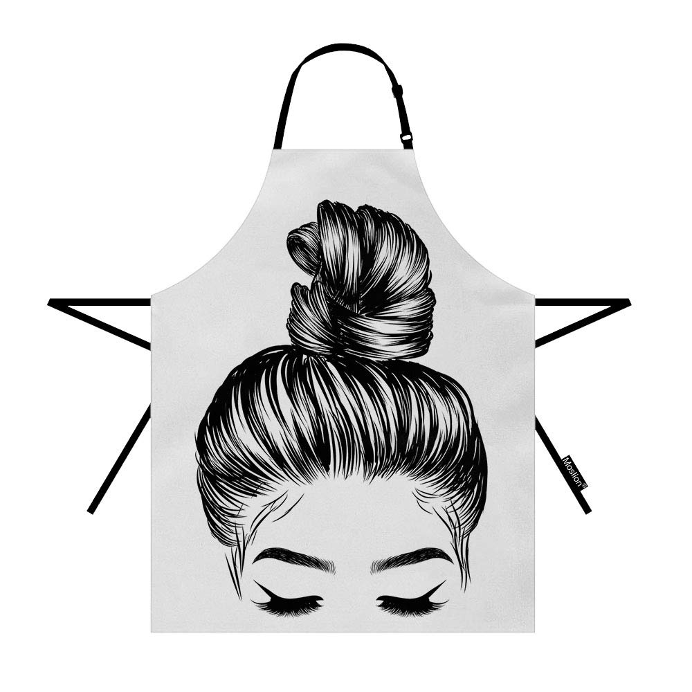 Moslion Girl Apron 31x27 Inch Sketch of Woman with Fashion Bun Perfect Eyebrow Eyelash Kitchen Chef Waitress Cook Aprons Bib with Adjustable Neck for Women Men Girls Black White