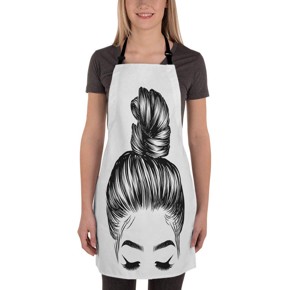 Moslion Girl Apron 31x27 Inch Sketch of Woman with Fashion Bun Perfect Eyebrow Eyelash Kitchen Chef Waitress Cook Aprons Bib with Adjustable Neck for Women Men Girls Black White