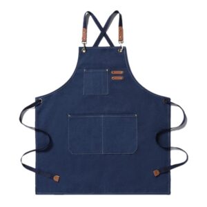 cotton canvas apron cross back apron with pockets for women and men,kitchen cooking baking bib apron chef apron (blue)