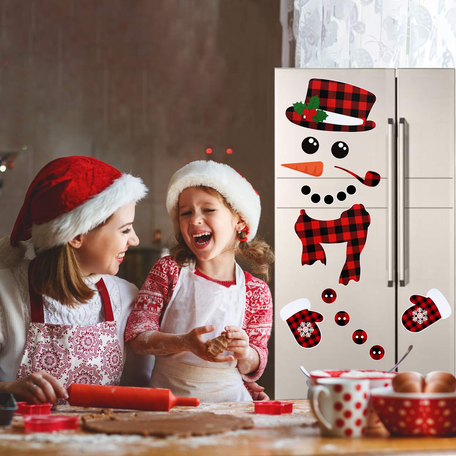 17Pcs Snowman Refrigerator Magnets | Christmas Decorations | Large Red Black Buffalo Plaid Fridge Magnet Stickers | Xmas Holiday Decorations for Fridge | Metal Door | Cabinets | Garage Door