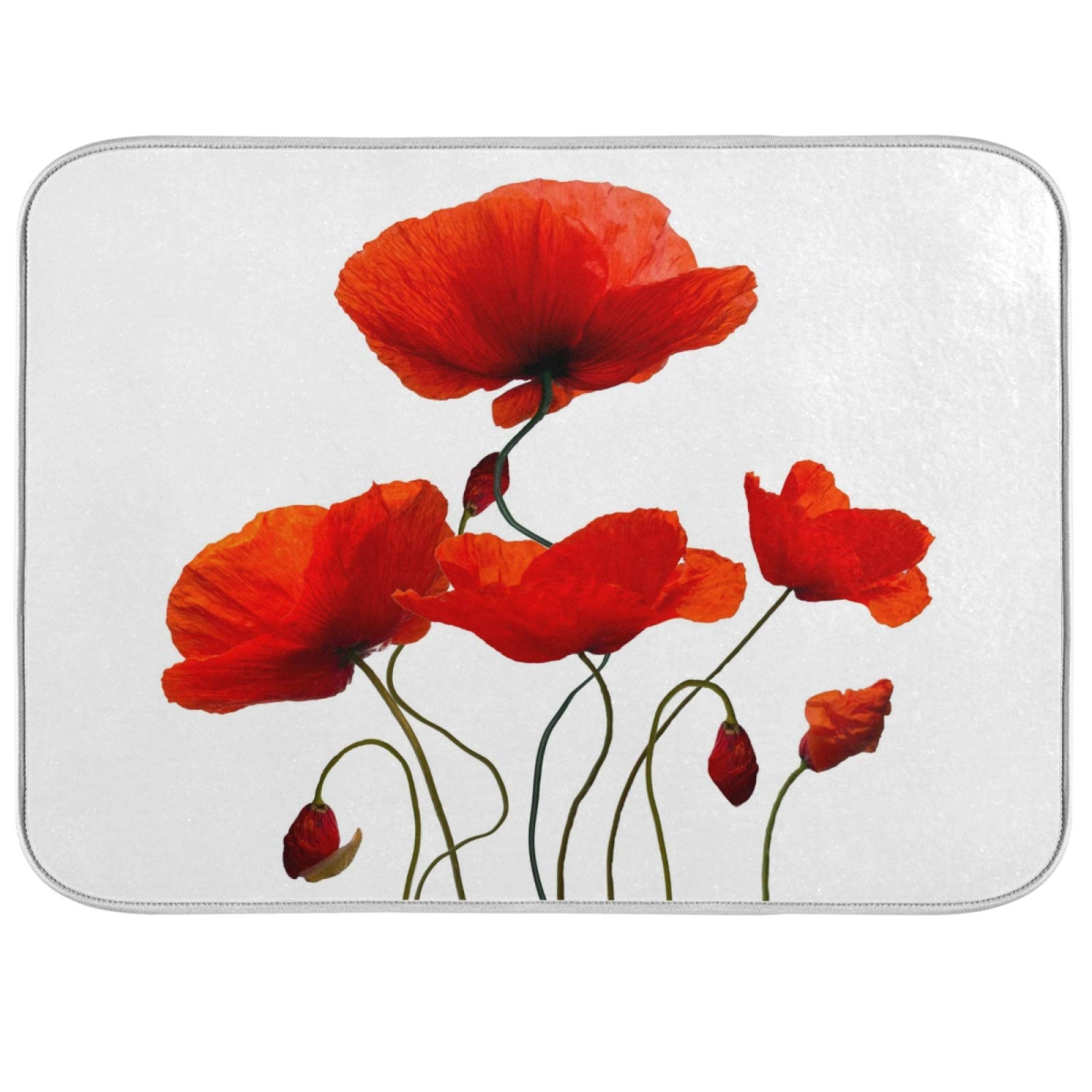 Oarencol Poppy Red Flower Dish Drying Mat Large Kitchen Counter Reversible Microfiber Dishes Drainer Mat 18 x 24 Inch