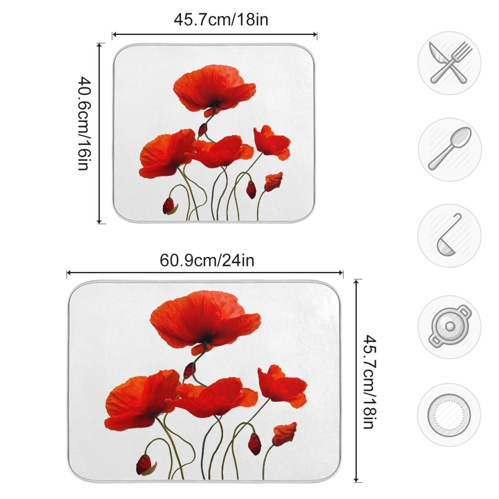 Oarencol Poppy Red Flower Dish Drying Mat Large Kitchen Counter Reversible Microfiber Dishes Drainer Mat 18 x 24 Inch