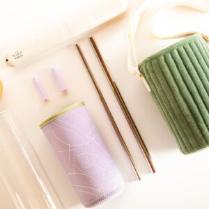 teaboco s - reusable boba cup with neoprene sleeve, lid and straw (24oz with bag, green & purple)