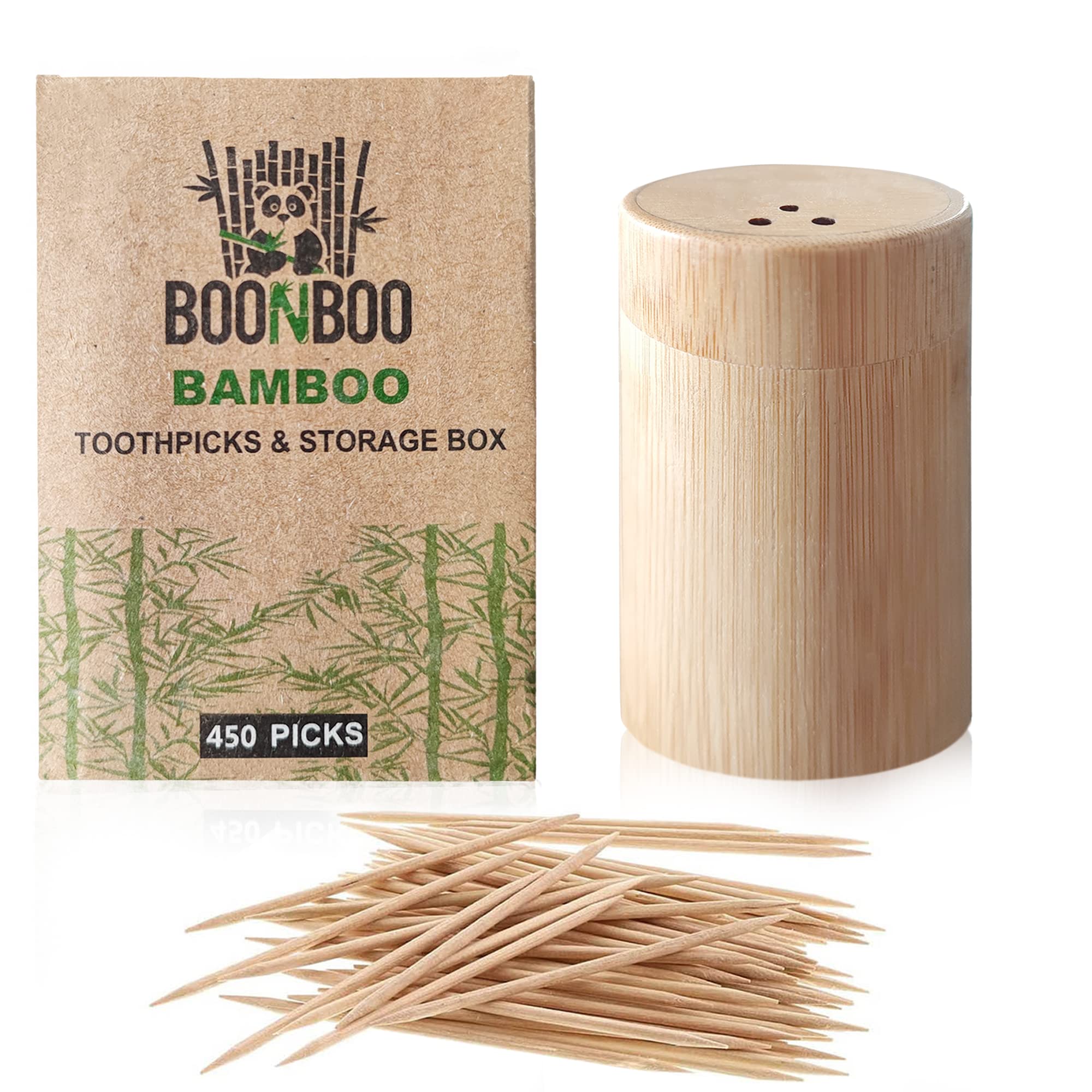 BOONBOO Bamboo Toothpicks and Holder, Double-Sided, 450 Counts