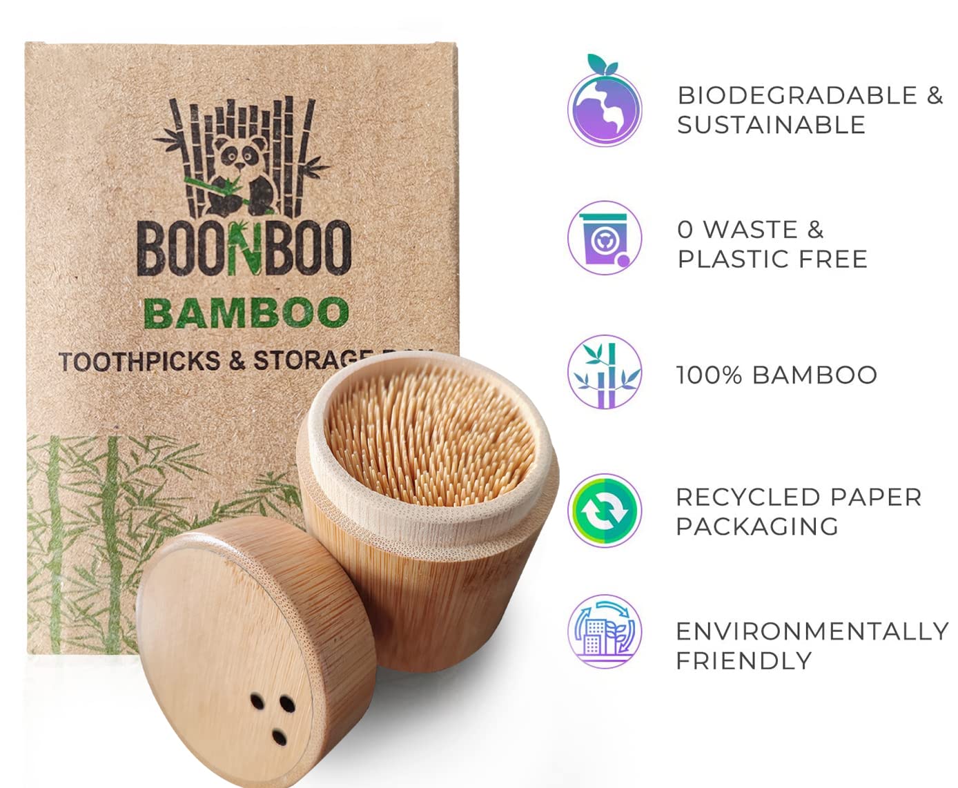 BOONBOO Bamboo Toothpicks and Holder, Double-Sided, 450 Counts