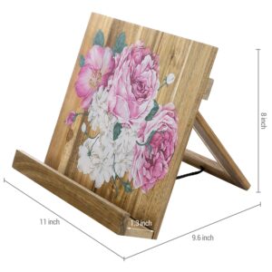 MyGift Premium Acacia Wood Cookbook Holder Stand with Hand Painted Floral Design, Kitchen Countertop Recipe Book Stand, Reading Textbook and Tablet Holder with Foldable Kickstand