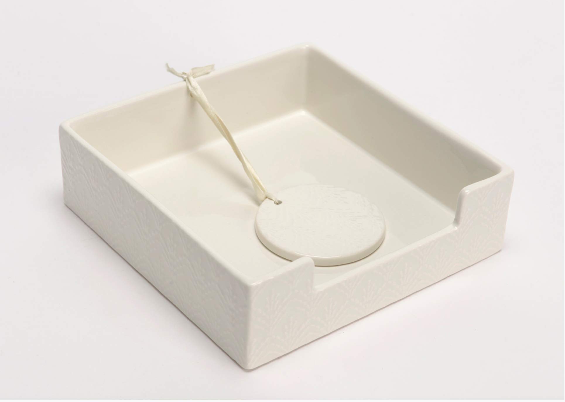 White Ceramic Napkin Holder with Weight, Dinner, party, cocktail napkins to 7x7 inches. Plaza Collection.