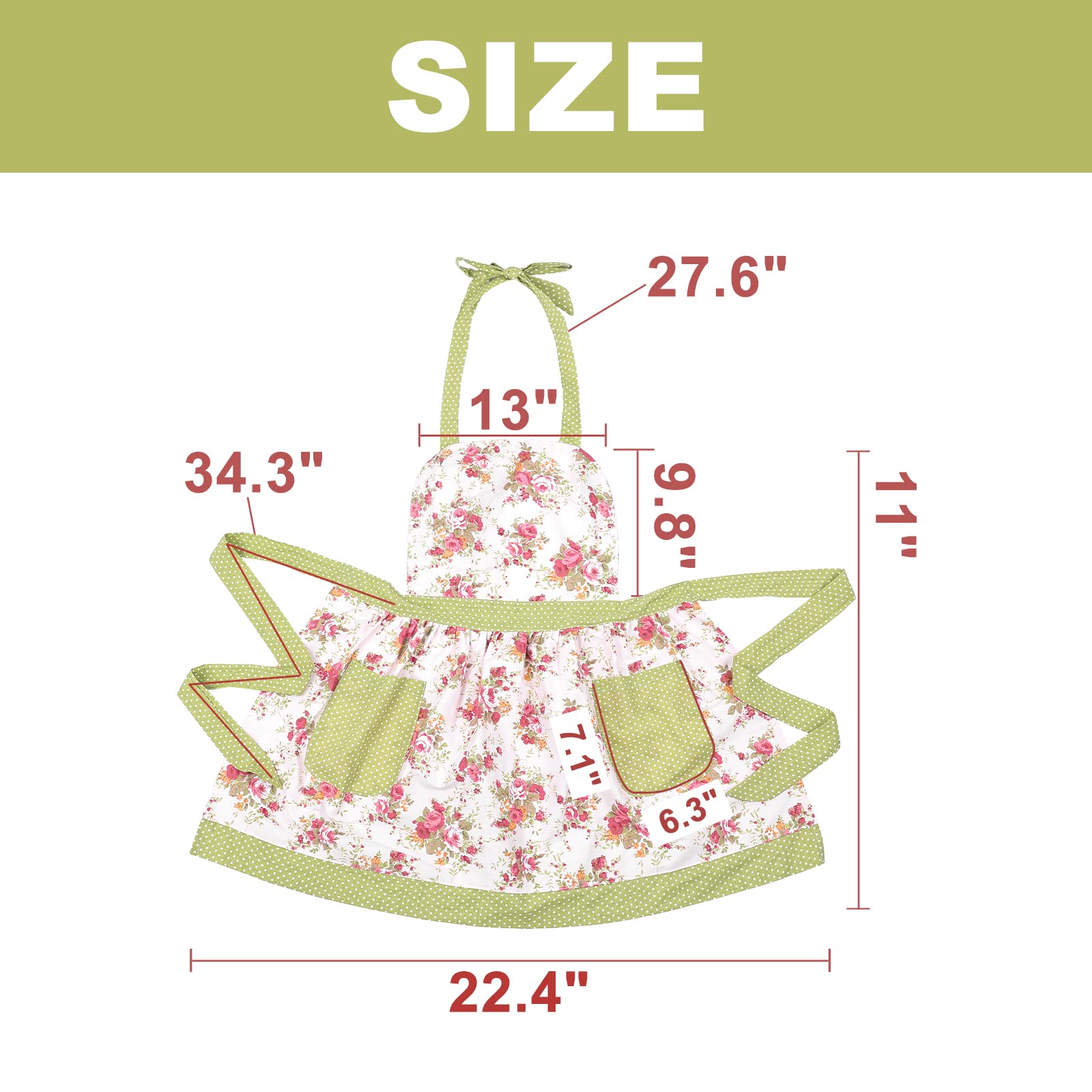 Surblue Kitchen Aprons for Women with 2 Pockets, Organic Cotton, Extra-Long Tie, Heavy Duty Bib Aprons for Cooking, Baking, BBQ, Gardening, Style Diana, Floral Green, Adult