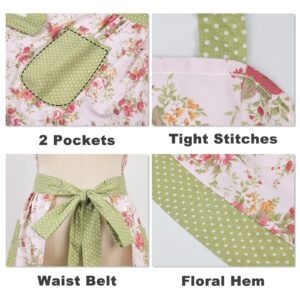 Surblue Kitchen Aprons for Women with 2 Pockets, Organic Cotton, Extra-Long Tie, Heavy Duty Bib Aprons for Cooking, Baking, BBQ, Gardening, Style Diana, Floral Green, Adult