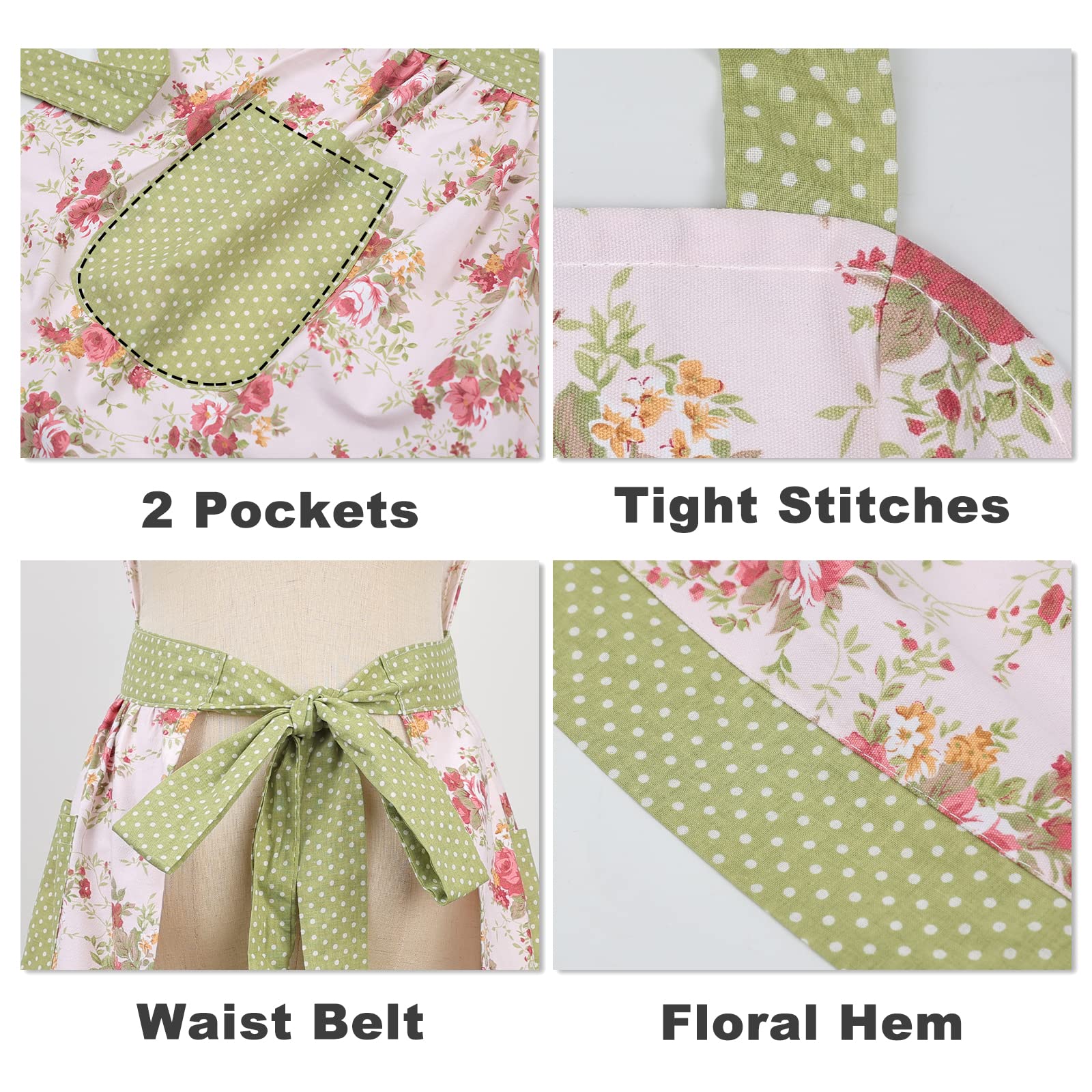 Surblue Kitchen Aprons for Women with 2 Pockets, Organic Cotton, Extra-Long Tie, Heavy Duty Bib Aprons for Cooking, Baking, BBQ, Gardening, Style Diana, Floral Green, Adult