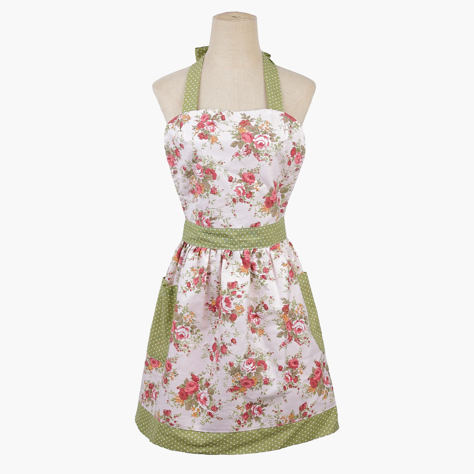 Surblue Kitchen Aprons for Women with 2 Pockets, Organic Cotton, Extra-Long Tie, Heavy Duty Bib Aprons for Cooking, Baking, BBQ, Gardening, Style Diana, Floral Green, Adult