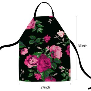 SSOIU Rose Cooking Apron, Red Rose Flower Pink Floral Black Kitchen Apron For Baking/BBQ Men Women Unisex Waterproof 31X27 Inches