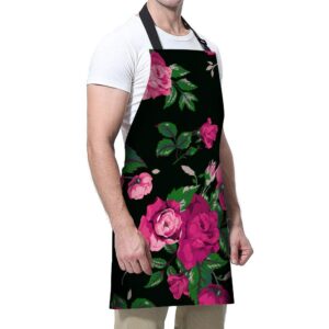 SSOIU Rose Cooking Apron, Red Rose Flower Pink Floral Black Kitchen Apron For Baking/BBQ Men Women Unisex Waterproof 31X27 Inches