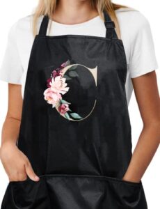 initial black apron for women with pockets, kitchen cooking gardening cute apron gifts for her, chef, mom, artists, hair stylists, funny gifts for women, friends, sisters, grandma - c