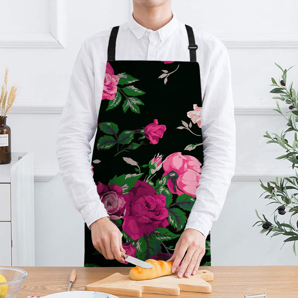 SSOIU Rose Cooking Apron, Red Rose Flower Pink Floral Black Kitchen Apron For Baking/BBQ Men Women Unisex Waterproof 31X27 Inches