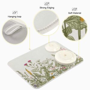 Baofu Herbs And Wild Flowers Dish Drying Mat for Kitchen Counter, Ultra Absorbent Reversible Microfiber Dishes Drying Rack Pad Heat-resistant Mats 16x18in