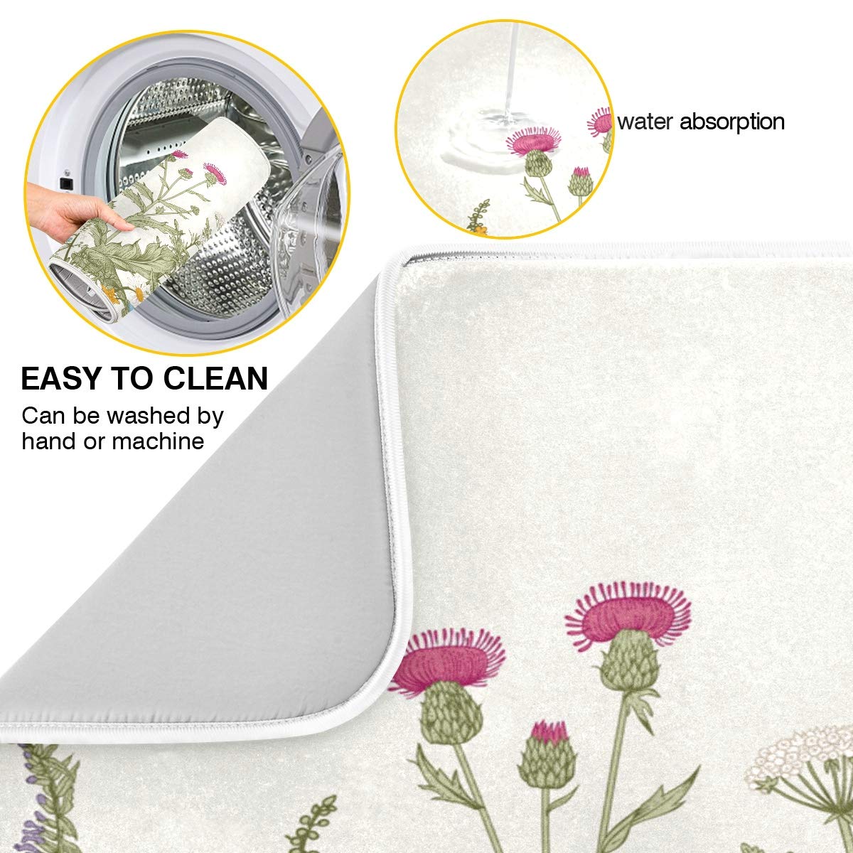 Baofu Herbs And Wild Flowers Dish Drying Mat for Kitchen Counter, Ultra Absorbent Reversible Microfiber Dishes Drying Rack Pad Heat-resistant Mats 16x18in