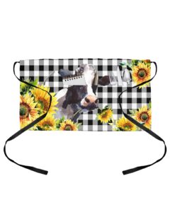 risqiten farm cow waitress apron for women/men with 3 pockets, farmhouse sunflower black amd white plaid server aprons waterproof kitchen cooking half waist apron