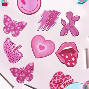 16PCS Pink Preppy Fridge Magnets, Good Magnetic, Locker Decorations for Girls in Middle School Waterproof Refrigerator Magnets Aesthetic Pink Y2k Smiley Face Leopard for Office Kitchen Whiteboard