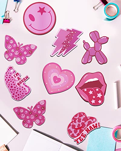 16PCS Pink Preppy Fridge Magnets, Good Magnetic, Locker Decorations for Girls in Middle School Waterproof Refrigerator Magnets Aesthetic Pink Y2k Smiley Face Leopard for Office Kitchen Whiteboard