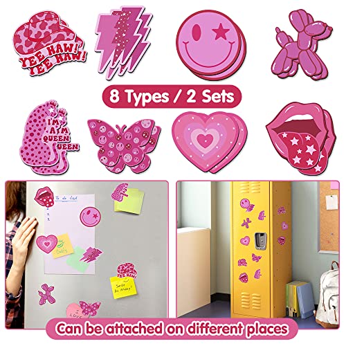 16PCS Pink Preppy Fridge Magnets, Good Magnetic, Locker Decorations for Girls in Middle School Waterproof Refrigerator Magnets Aesthetic Pink Y2k Smiley Face Leopard for Office Kitchen Whiteboard