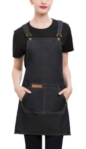 denim cross-back chef bib apron with pockets for men and women (black)