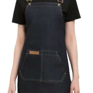 Denim Cross-Back Chef Bib Apron with Pockets for Men and Women (Black)