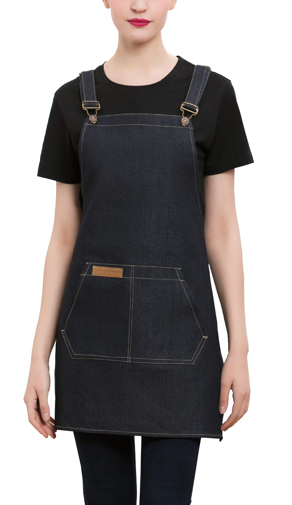 Denim Cross-Back Chef Bib Apron with Pockets for Men and Women (Black)