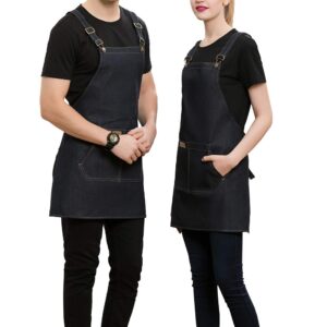 Denim Cross-Back Chef Bib Apron with Pockets for Men and Women (Black)