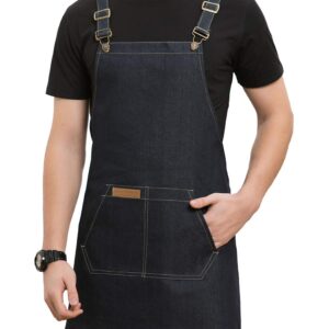 Denim Cross-Back Chef Bib Apron with Pockets for Men and Women (Black)