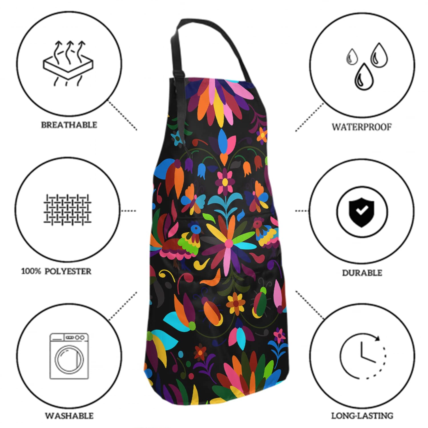 Sweetshow Mexican Apron with 2 Pockets and Adjustable Neck, Traditional Texture Abstract Colorful Vibrant Floral Bird Pattern Rainbow Decorative Flower Aprons for Women Men Adults