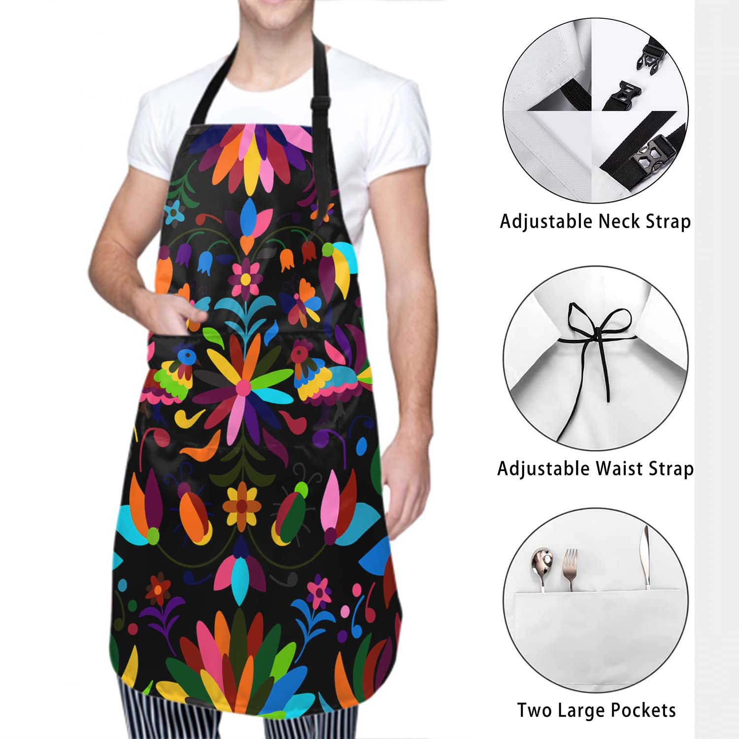 Sweetshow Mexican Apron with 2 Pockets and Adjustable Neck, Traditional Texture Abstract Colorful Vibrant Floral Bird Pattern Rainbow Decorative Flower Aprons for Women Men Adults