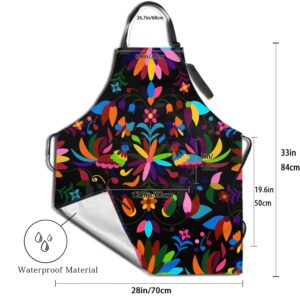 Sweetshow Mexican Apron with 2 Pockets and Adjustable Neck, Traditional Texture Abstract Colorful Vibrant Floral Bird Pattern Rainbow Decorative Flower Aprons for Women Men Adults