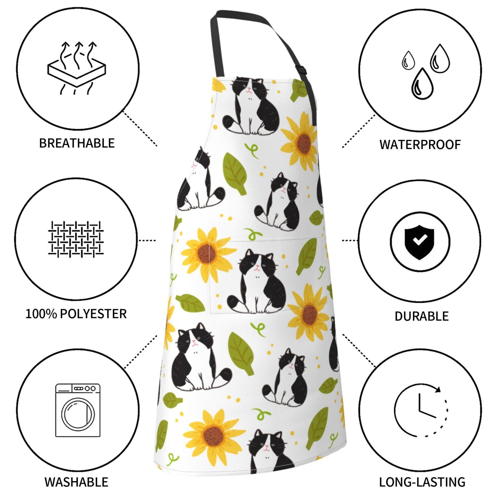 Wisedeal Cat and Sunflower Adjustable Bib Neck Apron Polyester with 2 Pockets Cooking Kitchen Aprons for Men and Women Chef, Mom Aunt Apron for Christmas Birthday Gifts for Grilling BBQ Chef Apron