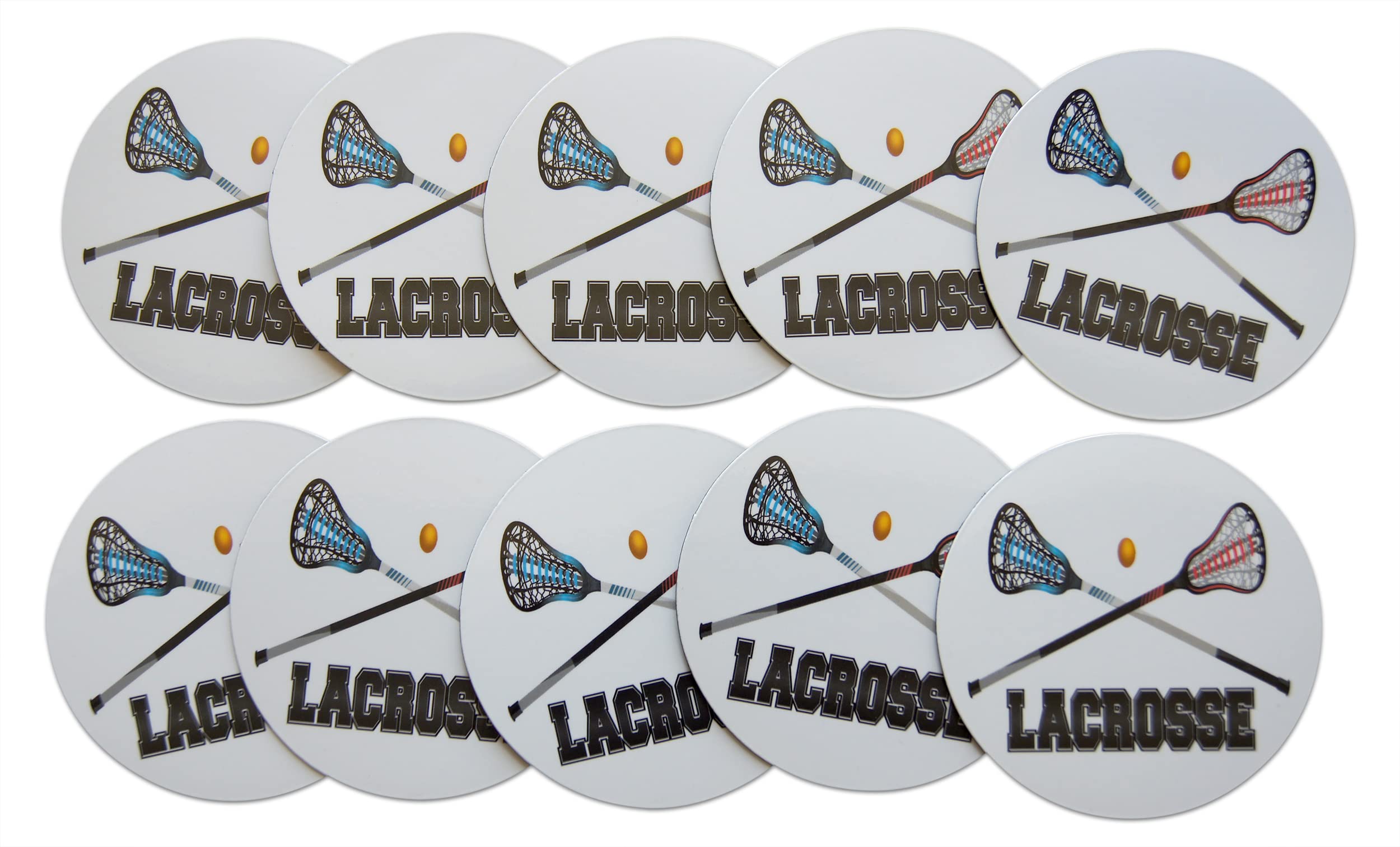 Novel Merk Lacrosse Refrigerator Magnets, Circle with Ball, Crosse Sticks, & Text for Gifts, Decor, Party Favors, & Prizes (10), Black White Red Blue, (jsfdj334)