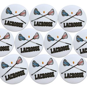 Novel Merk Lacrosse Refrigerator Magnets, Circle with Ball, Crosse Sticks, & Text for Gifts, Decor, Party Favors, & Prizes (10), Black White Red Blue, (jsfdj334)