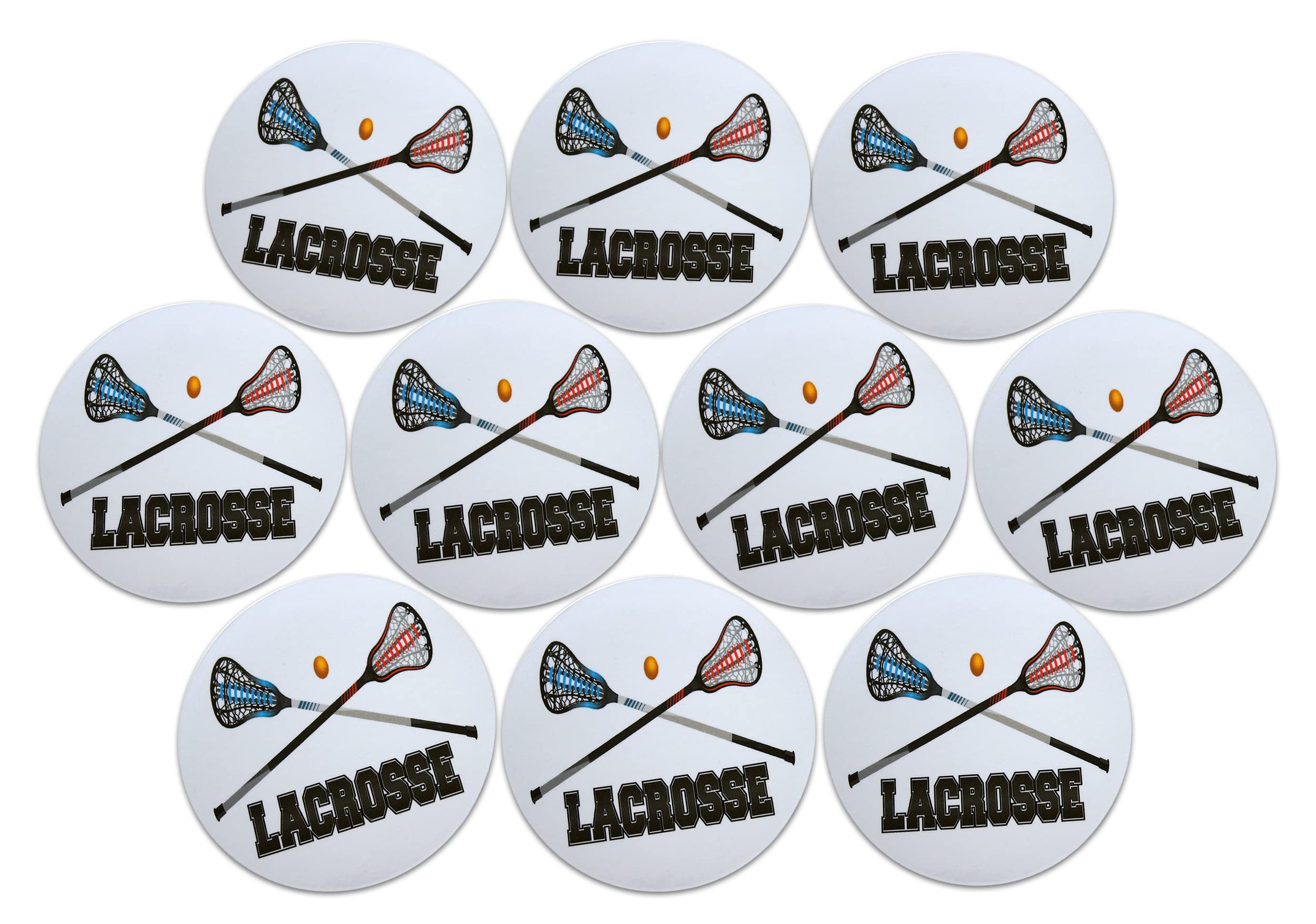 Novel Merk Lacrosse Refrigerator Magnets, Circle with Ball, Crosse Sticks, & Text for Gifts, Decor, Party Favors, & Prizes (10), Black White Red Blue, (jsfdj334)