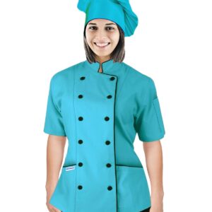 Chef's Apparel Short Sleeves Women's Ladies Chef's Coat Jackets with Chef Hats By Chef's Apparels (Turquoise,M (For Bust 36-37))