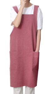 tobyan soft cotton linen apron for women - non-tie cross back apron with pockets, great for florist and kitchen (wine red)