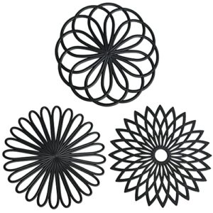 silicone trivets set of 3 multi-use intricately carved hot mats and pads, flexible modern kitchen table mat, heat resistant round coaster mat black, black, i: set of 3-black