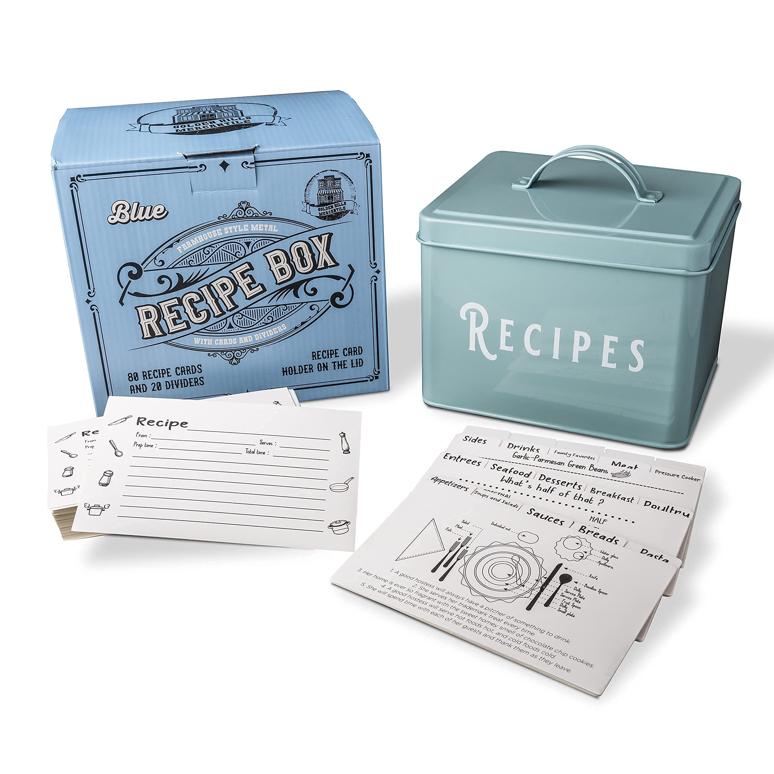 Large Farmhouse Metal Recipe Box With Cards And Dividers - Large Blue Vintage Tin Recipe Box With Card Holder In Handle. Comes With 80 4 X 6 Double Sided Recipe Cards And 20 Dividers.