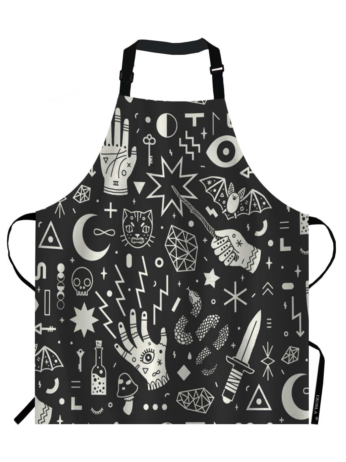 EKOBLA Magical Witchcraft Aprons Hand Eyes Moon Skull Cat Bat Snake Dagger Mushroom Key Waterproof Resistant Chef Cooking Kitchen BBQ Adjustable Aprons for Women Men 27x31 Inch