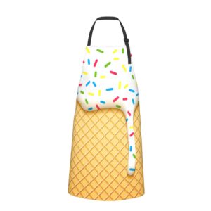 cartoon ice cream food cute aprons for women men, flowing cream cooking chef with 2 pockets adjustable neck strap apron perfect cooking and baking apron for women dad gifts, white yellow