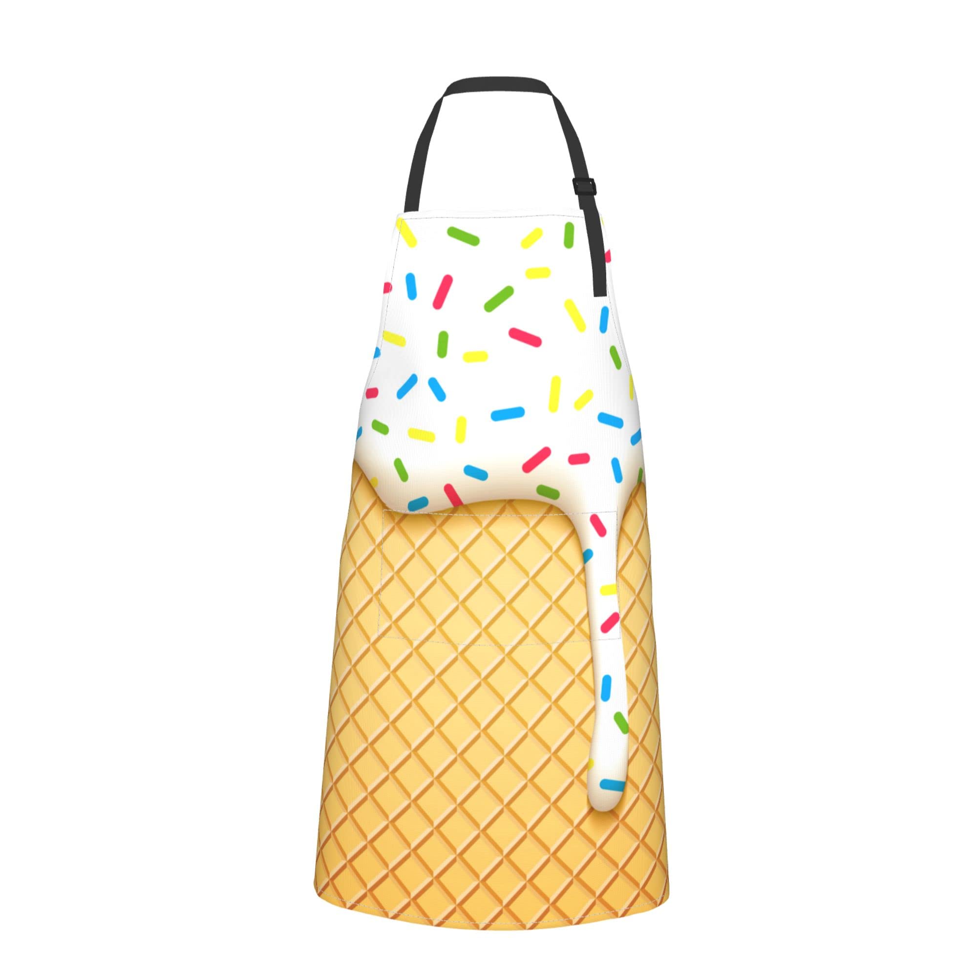 Cartoon Ice Cream Food Cute Aprons for Women Men, Flowing Cream Cooking Chef with 2 Pockets Adjustable Neck Strap Apron Perfect Cooking and Baking Apron for Women Dad Gifts, White Yellow