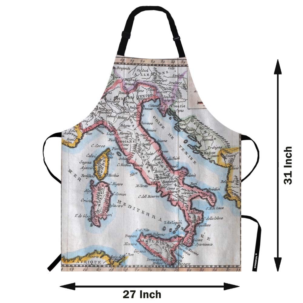 WONDERTIFY Original Antique Italy Map Apron,Geographer Historic Mediterranean Venice Vaugondy Bib Apron with Adjustable Neck for Men Women,Suitable for Kitchen Cooking Chef Grill Bistro Baking Apron