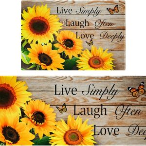 Sunflower Kitchen Rugs and Mats Yellow Sunflower on The Wooden Kitchen Decor Farmhouse Anti Fatigue Mat Non Skid Washable Standing Mat Live Laugh Love Kitchen Rugs17x30+17x47inch