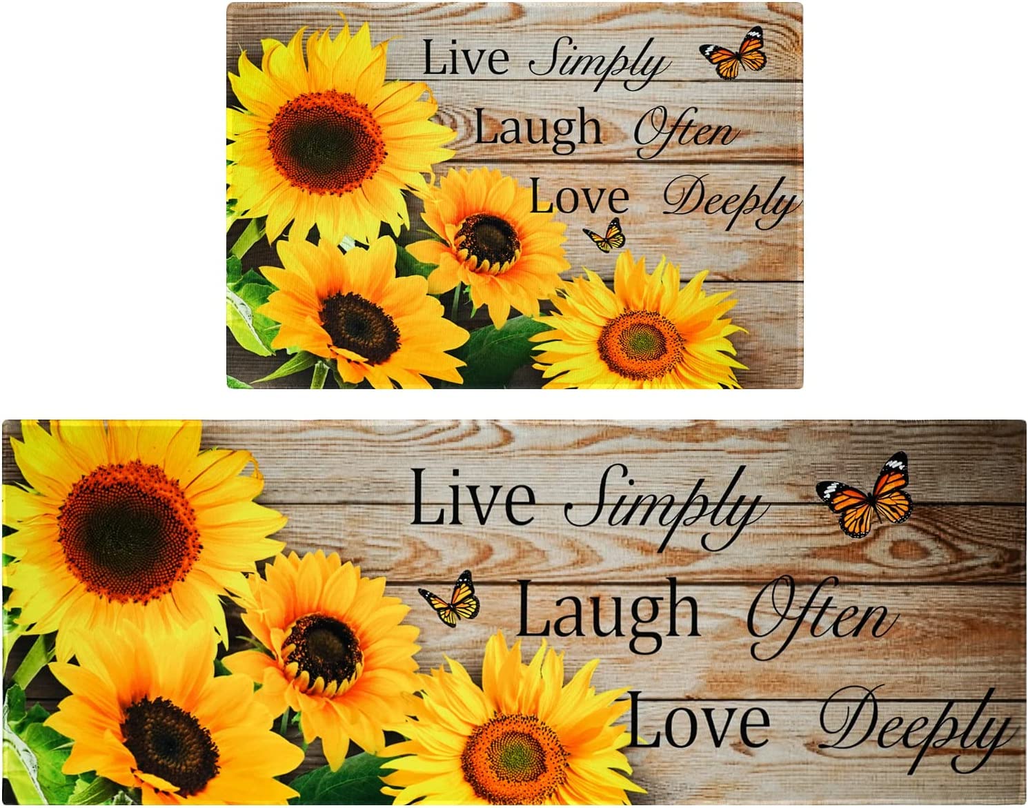 Sunflower Kitchen Rugs and Mats Yellow Sunflower on The Wooden Kitchen Decor Farmhouse Anti Fatigue Mat Non Skid Washable Standing Mat Live Laugh Love Kitchen Rugs17x30+17x47inch